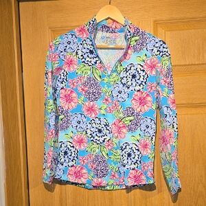 IBKUL Floral Zip Polo in Aqua, Pink & Lavender